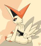  1girl 2017 animal_ears artist_name ass beige_background black_leotard black_sclera breasts claws dated fang from_behind furry half-closed_eyes hand_up highres laranthrod leotard looking_at_viewer looking_back no_humans personification pokemon pokemon_(creature) pokemon_bw shiny_skin simple_background sitting small_breasts solo tail teeth text victini watermark white_eyes 