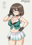  &gt;:) adjusting_eyewear bare_shoulders bespectacled black_gloves black_neckwear blue_eyes blush breasts brown_hair choker cleavage closed_mouth cowboy_shot dated glasses gloves gradient_clothes gradient_skirt green_vest grey_background hand_on_hip hand_up kantai_collection large_breasts looking_at_viewer masara_(masalucky2010) maya_(kantai_collection) miniskirt navel no_hat no_headwear pleated_skirt remodel_(kantai_collection) rimless_eyewear short_hair simple_background skirt sleeveless smile solo standing stomach thighs twitter_username v-shaped_eyebrows vest 