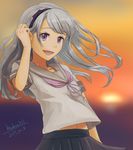  bangs bow collarbone dated grey_ribbon grey_skirt hairband kantai_collection long_hair looking_at_viewer medara navel open_mouth pleated_skirt purple_bow purple_eyes purple_hairband sagiri_(kantai_collection) school_uniform serafuku short_sleeves signature silver_hair skirt smile solo sunset swept_bangs upper_body 