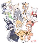  :3 animal_ears arm_up armor armpits ascot bare_shoulders black_eyes black_gloves black_hair black_jacket black_legwear black_neckwear black_skirt blonde_hair blue_eyes bow bowtie brown_eyes brown_hair brown_legwear brown_neckwear camouflage_trim caracal_(kemono_friends) caracal_ears caracal_tail collared_shirt commentary_request common_raccoon_(kemono_friends) crossed_arms elbow_gloves extra_ears eyebrows_visible_through_hair fang fennec_(kemono_friends) fox_ears fox_tail fur_collar gazelle_ears gazelle_horns gazelle_tail glasses gloves green_hair grey_hair grey_shirt hair_between_eyes hair_bow hat hat_feather head_wings high-waist_skirt highres horns jacket japanese_crested_ibis_(kemono_friends) kemono_friends long_hair long_sleeves looking_at_viewer miniskirt mirai_(kemono_friends) multicolored multicolored_clothes multicolored_hair multicolored_legwear multiple_girls open_mouth orange_eyes pantyhose pleated_skirt print_gloves print_legwear print_neckwear print_skirt raccoon_ears raccoon_tail red_hair red_legwear rhinoceros_ears serval_(kemono_friends) serval_ears serval_print serval_tail shirt short_hair short_sleeves silver_fox_(kemono_friends) silver_hair simple_background skirt sleeveless smile tail tail_feathers tatsuno_newo thighhighs thomson's_gazelle_(kemono_friends) translated very_long_hair white_background white_hair white_legwear white_rhinoceros_(kemono_friends) white_skirt wide_sleeves yellow_eyes yellow_neckwear zettai_ryouiki 