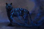  2017 ambiguous_gender black_fur blue_eyes blue_stripes digital_media_(artwork) feline feral fur jademere mammal no_sclera paws simple_background solo stripes tiger 