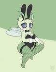  1girl 2017 animal_ears antennae artist_name black_bow black_legwear blue_eyes blush bow bowtie breasts bunnnysuit bunny_ears bunny_girl celebi cleavage dated detached_collar fairy_wings fake_animal_ears female fishnet_legwear fishnets full_body furry green_background half-closed_eyes highres laranthrod large_breasts looking_away looking_to_the_side no_humans open_mouth personification pokemon pokemon_(creature) pokemon_gsc simple_background sitting solo spread_legs text thighhighs two-tone_background watermark wings wrist_cuffs 