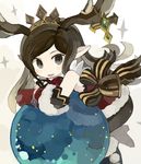  antlers arulumaya bare_shoulders bent_over blush_stickers boots brown_eyes brown_hair christmas commentary dress fur_trim gloves granblue_fantasy harvin high_heel_boots high_heels horn_ornament looking_at_viewer paprika_shikiso santa_costume smile solo sparkle standing standing_on_one_leg tiara 