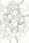  1girl absurdres bandages breasts color_trace commentary_request danua draph granblue_fantasy halloween halloween_costume highres horns kitazinger large_breasts naked_bandage open_mouth sketch solo 