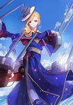  azur_lane blonde_hair blue_capelet blue_dress blue_eyes capelet day dress earrings gloves hair_over_shoulder hat hood_(azur_lane) jewelry long_hair looking_at_viewer machinery ocean outdoors sash sky solo union_jack walking walking_on_liquid white_gloves yun_cao_bing 