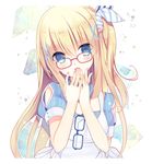  :o bangs blonde_hair blue-framed_eyewear blue_eyes blush book commentary_request dress eyebrows_visible_through_hair eyewear_hang eyewear_removed fang glasses hair_between_eyes hair_ornament hair_ribbon head_tilt kinoko5123 long_hair looking_at_viewer multicolored multicolored_nails nail_polish one_side_up open_mouth original own_hands_together red-framed_eyewear ribbon short_sleeves solo striped striped_ribbon tareme upper_body white_background white_dress x_hair_ornament 