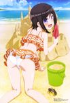  absurdres aoki_shinpei_(animator) ass beach bikini bikini_skirt black_hair blush bucket crab day frilled_bikini frills hashima_chihiro highres imouto_sae_ireba_ii looking_at_viewer megami ocean official_art outdoors purple_eyes sand_castle sand_sculpture solo striped striped_bikini swimsuit trowel wavy_mouth white_bikini_bottom 