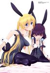  absurdres animal_ears black_dress black_legwear blend_s blonde_hair blue_eyes blush breasts bunny_ears bunny_tail dress eyebrows_visible_through_hair fukazawa_fumihiko hair_between_eyes hair_over_shoulder hand_to_own_mouth highres hinata_kaho large_breasts leaning_forward long_hair low_twintails megami multiple_girls official_art open_mouth pantyhose puckered_lips purple_eyes purple_hair sakuranomiya_maika scan shaded_face shirt side_ponytail sitting small_breasts smile strap_slip sweatdrop tail twintails unbuttoned unbuttoned_shirt wariza white_shirt wrist_cuffs 