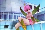  2016 breasts casual_exposure clothed clothing digimon female flora_fauna humanoid lillymon navel nipples not_furry outside plant pussy sitting sky smile solo topless zero-sum 