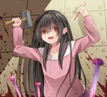  :d arms_up bangs beige_background black_hair blood blush brown_eyes child collarbone commentary_request creek_(moon-sky) drawstring eyebrows_visible_through_hair hair_between_eyes hammer head_tilt holding holding_hammer hood hood_down hoodie long_hair looking_at_viewer nail open_mouth original pink_hoodie shaded_face simple_background smile solo upper_body youjo_(creek_(moon-sky)) 