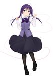  absurdres ahoge bangs black_footwear black_legwear black_skirt boots bow bowtie breasts buttons closed_mouth collared_shirt commentary full_body gochuumon_wa_usagi_desu_ka? hair_ornament hairclip highres juujuu long_hair long_sleeves looking_at_viewer pantyhose purple_eyes purple_hair purple_neckwear purple_vest rabbit_house_uniform red_string shirt sidelocks skirt small_breasts smile solo string string_on_pinky tedeza_rize twintails vest white_background white_shirt wing_collar 