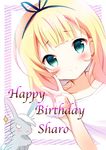  :3 amedamacon animal aqua_eyes bangs black_hairband blonde_hair blunt_bangs blush bunny character_name closed_mouth collarbone commentary_request english eyebrows_visible_through_hair flat_chest gochuumon_wa_usagi_desu_ka? hairband happy_birthday kirima_sharo looking_at_viewer motion_lines shirt short_hair short_sleeves smile sparkle two-tone_background v white_shirt wild_geese 