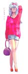  arm_up bag blue_hair bra bra_(dragon_ball) closed_eyes crossed_legs dragon_ball eyebrows_visible_through_hair full_body glasses handbag highres long_hair long_sleeves miiko_(drops7) open_mouth pink_shirt shirt shorts simple_background solo translated underwear walking white_background 