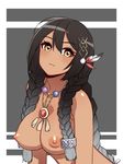  azur_lane black_hair braid breasts brown_eyes closed_mouth collarbone eyebrows_visible_through_hair feathers grey_background hair_between_eyes hair_feathers hair_over_shoulder highres jewelry large_breasts long_hair native_american necklace nezuko nipples nude smile solo south_dakota_(azur_lane) tri_braids two-tone_background upper_body very_long_hair 