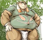  2017 anthro bear blush brown_fur bulge clothed clothing eyewear fundoshi fur glasses hat japanese_clothing kotobuki male mammal moobs overweight overweight_male shirt solo straw_hat sweat tokyo_afterschool_summoners towel underwear volos 