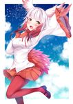  :d bangs bird_tail black_footwear blouse blue_sky blunt_bangs blush cloud cloudy_sky commentary day eyebrows_visible_through_hair fur_collar gloves hand_on_own_chest head_wings japanese_crested_ibis_(kemono_friends) kemono_friends long_sleeves looking_at_viewer mary_janes murasakigo open_mouth pantyhose pleated_skirt red_gloves red_legwear red_skirt shoes short_hair skirt sky smile solo standing standing_on_one_leg tail wide_sleeves yellow_eyes 