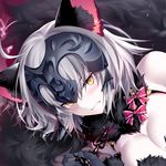  ahoge animal_ears bangs black_nails blush breasts cat_ears chain clenched_teeth close-up cosplay dangerous_beast eyebrows_visible_through_hair fate/grand_order fate_(series) fingernails fur_collar gloves grey_hair jeanne_d'arc_(alter)_(fate) jeanne_d'arc_(fate)_(all) kousaki_rui large_breasts looking_at_viewer lying mash_kyrielight mash_kyrielight_(cosplay) nail_polish on_side sharp_fingernails short_hair solo teeth yellow_eyes 