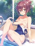  absurdres areola_slip areolae bare_legs bare_shoulders barefoot blue_swimsuit breasts brown_eyes brown_hair chain-link_fence covered_navel covering covering_breasts cropped day dengeki_moeou detexted eyebrows_visible_through_hair fence hair_between_eyes hair_bun highres leaning_back looking_at_viewer lossy-lossless non-web_source outdoors parted_lips pool_ladder poolside sitting small_breasts soaking_feet solo strap_slip swimsuit swimsuit_pull third-party_edit wet wet_hair yuuki_hagure 