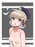  :o azur_lane bangs black_bow black_hat blue_eyes blush bow breasts brown_hair collarbone eyebrows_visible_through_hair gradient_hair hair_bow hat hat_bow highres iron_cross looking_at_viewer multicolored_hair nezuko nipples nude open_mouth short_hair silver_hair small_breasts solo swept_bangs upper_body white_bow z23_(azur_lane) 