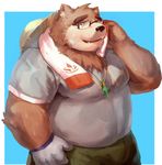  2017 anthro bear clothed clothing eyewear glasses hat lindong looking_at_viewer male mammal muscular muscular_male overweight shirt simple_background solo straw_hat sweat tokyo_afterschool_summoners volos 