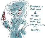  blood blue_and_white canine english_text female fur ghoul_school hair humanoid knife mammal monochrome open_mouth scooby-doo_(series) short_hair text weapon were werewolf winnie_werewolf yandere 