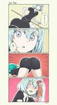  4koma androgynous ass blush comic commentary diamond_(houseki_no_kuni) elbow_gloves gem_uniform_(houseki_no_kuni) gloves green_hair highres houseki_no_kuni meme multicolored multicolored_eyes multicolored_hair multiple_others pas_(paxiti) phosphophyllite sweat sword thighhighs twitter_username weapon wiping_sweat 