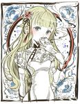  akiya_yukie bangs blonde_hair blush china_dress chinese_clothes dress elbow_gloves eyebrows_visible_through_hair fan flower gloves green_eyes hair_flower hair_ornament highres holding holding_fan long_hair looking_at_viewer princess_(princess_principal) princess_principal sketch solo 