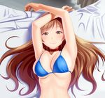  armpits arms_up bangs bare_arms bare_shoulders bed_sheet bikini bikini_top blue_bikini blush brown_eyes brown_hair choker closed_mouth commentary_request eyebrows_visible_through_hair from_above highres idolmaster idolmaster_cinderella_girls long_hair looking_at_viewer lying navel nitta_minami on_back pink_lips skindentation slit_pupils smile solo swimsuit taka_(takahirokun) upper_body 