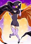  armpits ass_visible_through_thighs breasts cape covered_navel cyclops elbow_gloves full_body gloves halloween_costume hand_on_headwear hat knees_together_feet_apart kouda_tomohiro manako monster_musume_no_iru_nichijou one-eyed purple_eyes purple_hair short_hair signature skin_tight small_breasts solo thighhighs wand wide_hips witch_hat 