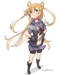  abukuma_(kantai_collection) artist_name bangs bike_shorts black_footwear black_gloves black_jacket blonde_hair blue_eyes boots buttons commentary double_bun gloves grey_sailor_collar hair_between_eyes hair_rings hands_on_hips jacket kantai_collection knee_boots long_hair looking_up mogamiya_honu neck_ribbon pleated_skirt red_ribbon remodel_(kantai_collection) ribbon sailor_collar school_uniform serafuku short_sleeves shorts shorts_under_skirt skirt smile solo standing very_long_hair 