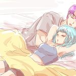  1girl arms_up bed blanket blue_hair bra_(dragon_ball) breasts brother_and_sister dragon_ball eyebrows_visible_through_hair miiko_(drops7) open_mouth purple_hair siblings sleeping trunks_(dragon_ball) 