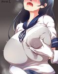  black_bra black_hair blush bra breasts commentary faceless faceless_female gloves grabbing grabbing_from_behind groping highres huge_breasts implied_fingering kakudai_(hujikolp) kantai_collection lactation lactation_through_clothes long_hair military military_uniform open_mouth school_uniform sweat underwear uniform ushio_(kantai_collection) 