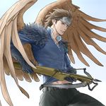  black_gloves black_pants blue_eyes blue_shirt bow_(weapon) brown_hair crossbow earrings gloves gradient gradient_background headband holding holding_weapon jewelry looking_to_the_side male_focus necklace pants shirt solo standing tactics_ogre weapon windcaller 