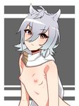  animal_ears azur_lane breasts brown_eyes closed_mouth expressionless eyebrows_visible_through_hair grey_background hair_between_eyes highres lips looking_at_viewer maya_(azur_lane) nezuko nipples nude puffy_nipples scarf short_hair silver_hair small_breasts solo two-tone_background upper_body white_scarf 
