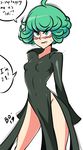  1girl bigdead93 black_dress blush breasts covered_navel cowboy_shot curly_hair dress english eyebrows_visible_through_hair green_eyes green_hair highres loli one-punch_man open_mouth pelvic_curtain short_hair side_slit small_breasts solo speech_bubble talking tatsumaki text 