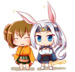  :d ^_^ ^o^ animal_ears azur_lane blue_eyes brown_hair bunny_ears chibi closed_eyes commentary_request crossover hachimaki hakama_skirt headband highres hiryuu_(azur_lane) hiryuu_(kantai_collection) holding_hands japanese_clothes kantai_collection long_hair looking_at_viewer mochimako multiple_girls namesake one_side_up open_mouth pleated_skirt ponytail silver_hair skirt smile twitter_username 
