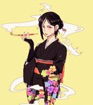  biggertiger black_hair black_kimono bridal_gauntlets earrings female_saniwa_(touken_ranbu) hair_bun hair_ornament hair_stick japanese_clothes jewelry kimono kiseru parted_lips pipe red_eyes saniwa_(touken_ranbu) simple_background smoke solo touken_ranbu yellow_background 