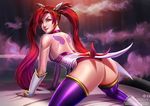  1girl alternate_costume alternate_hair_color alternate_hairstyle ass badcompzero bare_shoulders belt black_gloves black_legwear elbow_gloves fingerless_gloves gloves hair_ornament jinx_(league_of_legends) league_of_legends lipstick long_hair magical_girl red_bow red_bowtie red_eyes red_hair red_lips short_shorts shorts solo star_guardian_jinx tattoo thighhighs tied_hair twintails very_long_hair 