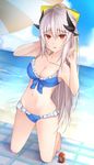  albino bad_id bad_pixiv_id barefoot beach bikini blue_bikini blue_sky bow breasts cleavage cloud collarbone day dutch_angle eyebrows_visible_through_hair fate/grand_order fate_(series) feet frilled_bikini frills full_body groin hair_between_eyes hair_bow hands_in_hair high_ponytail highres horns kanpyou_(hghgkenfany) kiyohime_(fate/grand_order) kneeling large_breasts long_hair looking_at_viewer lotion_bottle navel ocean outdoors parted_lips red_eyes silver_hair sky solo swimsuit very_long_hair yellow_bow 