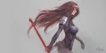  bodysuit breasts brown_hair fate/grand_order fate_(series) floating_hair from_side grey_background highres holding holding_weapon long_hair medium_breasts polearm raikoart red_eyes scathach_(fate)_(all) scathach_(fate/grand_order) simple_background solo spear standing very_long_hair weapon 