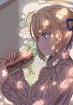  ant artoria_pendragon_(all) blonde_hair blue_eyes blue_ribbon bug eyebrows_visible_through_hair fate/stay_night fate_(series) food from_side hair_ribbon holding holding_food insect miamuly ribbon saber sandwich short_hair solo sweatdrop sweater upper_body 