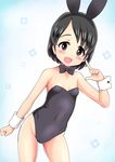  1girl :d bare_legs black_hair blush bowtie breasts bunny_ears bunnysuit collarbone covered_navel cuff_links eyebrows_visible_through_hair fake_animal_ears female floral_background idolmaster idolmaster_cinderella_girls looking_at_viewer open_mouth qm sasaki_chie small_breasts solo standing 