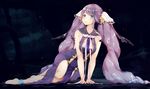  :o anklet arm_support bangs bare_arms barefoot blue_eyes breasts commentary_request dress eyebrows_visible_through_hair full_body hair_ornament jewelry large_breasts long_hair looking_to_the_side manatsuki_manata ningyo_hime_(sinoalice) parted_lips purple_hair sinoalice sitting sleeveless sleeveless_dress solo twintails very_long_hair white_neckwear yokozuwari 