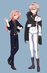  2boys ahoge astolfo_(fate) bangs belt black_footwear black_gloves black_pants black_shirt blue_background boots braid brown_hair cape commentary fang fate/apocrypha fate_(series) fokwolf formal full_body gloves highres long_braid long_hair long_pants long_sleeves looking_at_viewer male_focus multicolored_hair multiple_boys necktie one_eye_closed otoko_no_ko pants pink_eyes pink_hair red_eyes shirt shoes short_hair sieg_(fate/apocrypha) single_braid suit two-tone_hair very_long_hair waistcoat white_pants white_shirt 