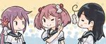  ahoge akebono_(kantai_collection) closed_eyes commentary flower hair_bobbles hair_flower hair_ornament index_finger_raised kantai_collection long_hair multiple_girls one_eye_closed otoufu pink_hair sazanami_(kantai_collection) school_uniform serafuku short_sleeves side_ponytail smile teruterubouzu twintails upper_body ushio_(kantai_collection) 