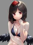  bare_shoulders bikini_top black_hair black_wings breasts cleavage grey_background hand_on_own_chin highres looking_at_viewer medium_breasts red_eyes shameimaru_aya short_hair simple_background smile solo touhou wings yusake_san 