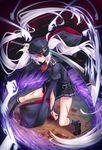  absurdres ascot blood commentary_request cuts fighting_stance glowing glowing_eyes hat highres holding holding_sword holding_weapon injury katana long_hair looking_at_viewer original peaked_cap pleated_skirt purple_eyes skirt solo sword tonchan twintails weapon white_hair wind 