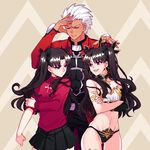  2girls :d archer ass_visible_through_thighs asymmetrical_sleeves black_hair black_panties black_ribbon black_skirt blue_eyes breasts choker cleavage closed_eyes collarbone crossed_arms dark_skin dark_skinned_male detached_sleeves earrings eye_contact eyebrows_visible_through_hair fate/grand_order fate/stay_night fate_(series) grey_background hair_ribbon ishtar_(fate/grand_order) jewelry long_hair looking_at_another medium_breasts miniskirt multiple_girls open_mouth panties pleated_skirt red_eyes red_shirt ribbon shirt silver_hair skirt smile spiked_hair standing sweatdrop toosaka_rin twintails underwear underwear_only very_long_hair yaoshi_jun 