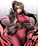  1girl armor artist_request bodysuit breasts brown_hair cleavage erect_nipples long_hair looking_at_viewer ninja open_mouth ponytail pussy smile solo soul_calibur spandex taki_(soulcalibur) yellow_eyes 
