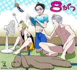  bangs_pinned_back black_hair blonde_hair blue-framed_eyewear blue_eyes bow briefs brown_eyes cat_hair_ornament dog dog_hair_ornament electric_fan fan_speaking glasses green_eyes hair_ornament hot katsuki_yuuri kisaragi_mizu kneeling makkachin male_focus male_underwear multiple_boys nipples open_mouth pinching ponytail shirt_lift silver_hair sitting sweat underwear underwear_only viktor_nikiforov wind_chime yuri!!!_on_ice yuri_plisetsky 